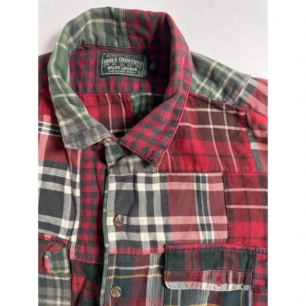 Vintage 90s Polo Country Ralph Lauren Patchwork Plaid Flannel Shirt Mens L